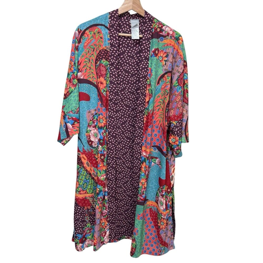 Chicos Kimono Folk Art to Wear Flight Drama Duster L XL Reversible Cardigan Boho